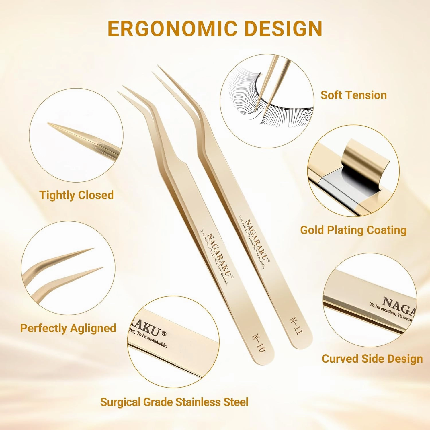 NAGARAKU 1 Pair Eyelash Extension Tweezers Set, Gold Curved Volume Make Fans Isolation Lash Tweezers Precision Pinzas Light Weight Easy Fanning Stainless Steel Precision for Lashes (N-10 & N-11)