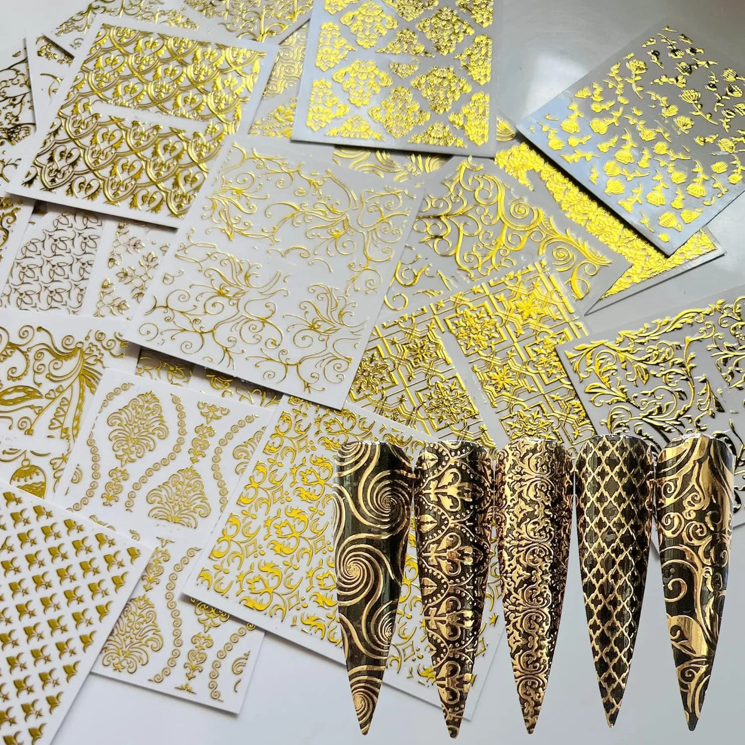 NAIL ANGEL 26Sheets Nail Art Adhesive Sticker Sheets Different Gold Color Luxury Shapes Sticker Nail Art Deco 10300