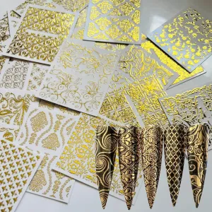 NAIL ANGEL 26Sheets Nail Art Adhesive Sticker Sheets Different Gold Color Luxury Shapes Sticker Nail Art Deco 10300