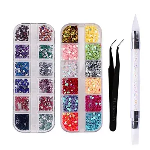 Nail Art Sequins 4pcs/set Nail art Rhinestone Decoration Set with Curved Black Tweezer White Dual-ended Silicone Sculpture Pen for Nail Art Tools
