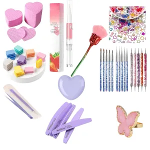 Nail kit Professional for Beginner Nail file and buffer cuticle oil pen Art tools 3D nail charms Nail Dust Cleaner Brush Nail Wipes Marble Nail Art ring Gems Rhinestone tray Tweezer for rhinestone