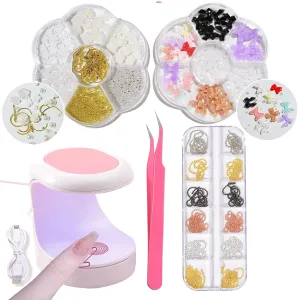 Nail Supplies Beginner Nail Art Kit,uv Light for Nails rinestones Set with Tweezer 3D Metal Nail Art Studs Decorations Chain,30 Seconds Quick Dry Mini LED Nail Lamp