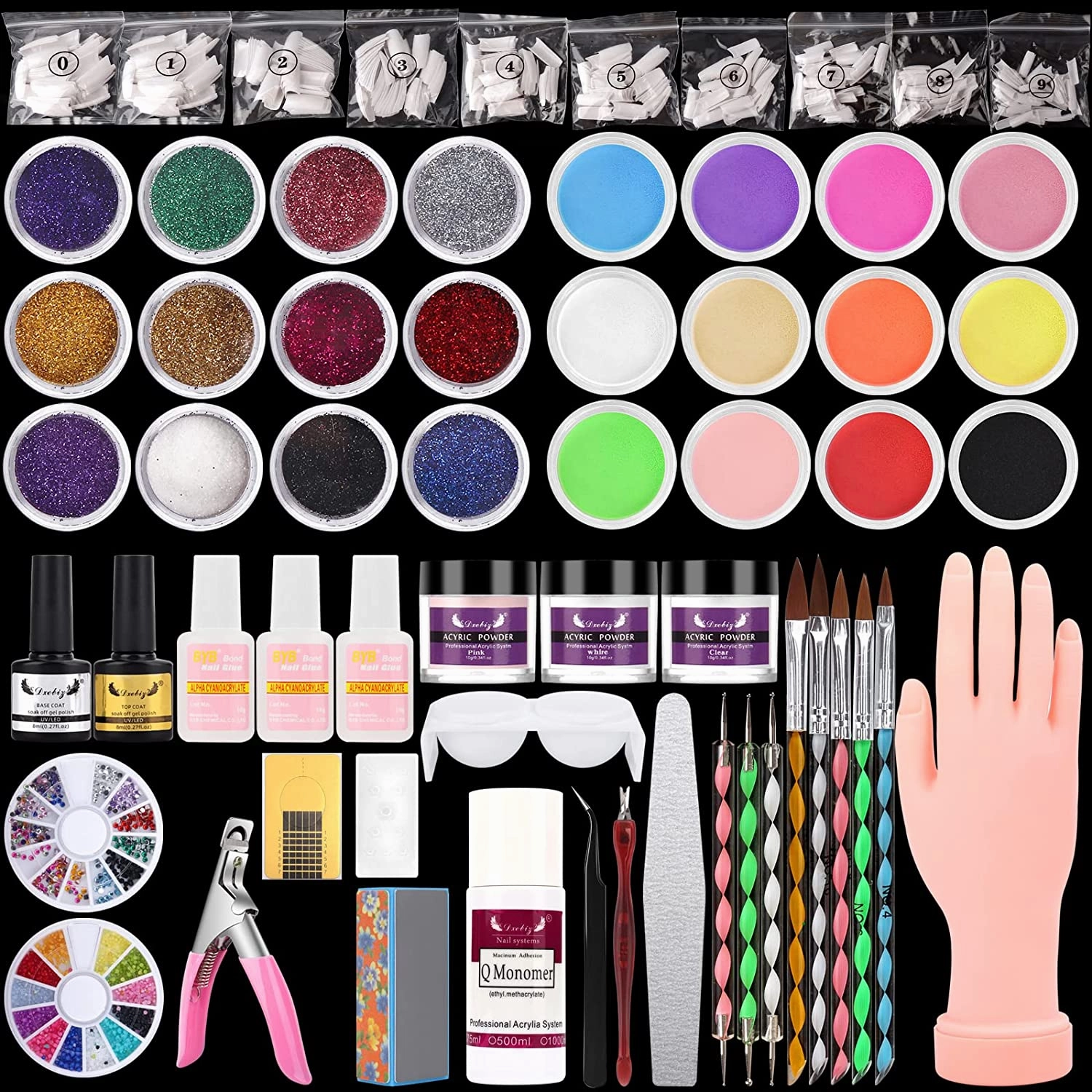 Nail Practice Hand for Acrylic Nails, Flexible Practice Nail Hand Training Kits, Movable Fake Nail Hand to Practice Fake Nails with Nail Drill, Nail Dryer Lamp, 12 Colors Acrylic Powder Beginners Kit
