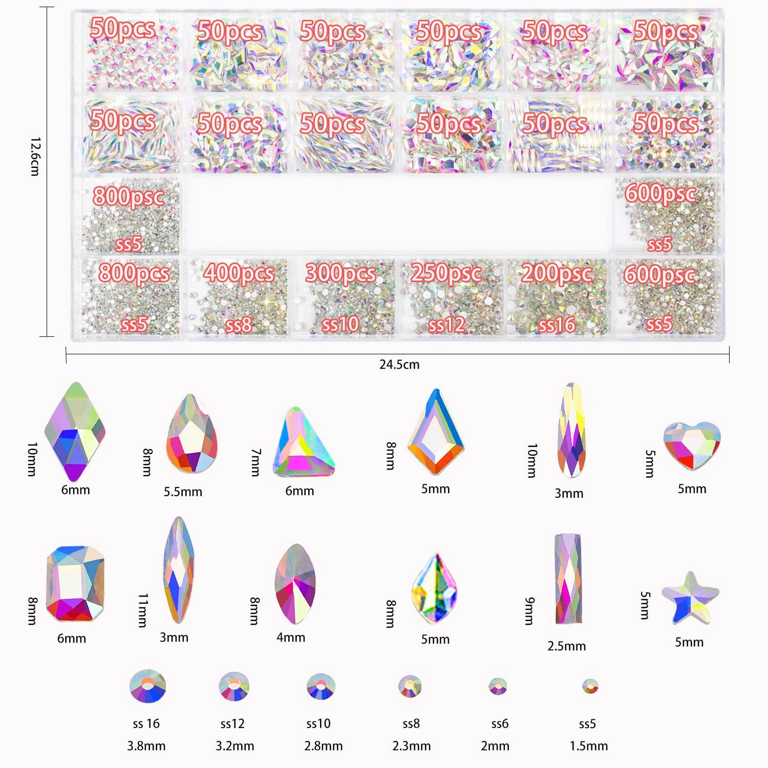 Nail Rhinestones - 4300pcs AB Crystals, Multiple Shape Gems, Flat Back Rhinestones, with Kit and Glue Gel, for Nail Art