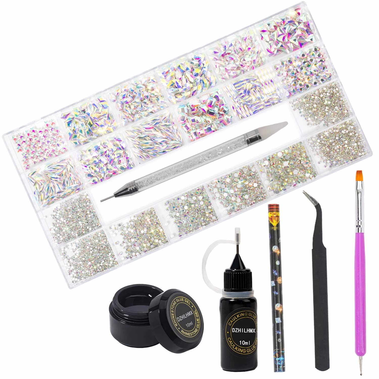 Nail Rhinestones - 4300pcs AB Crystals, Multiple Shape Gems, Flat Back Rhinestones, with Kit and Glue Gel, for Nail Art