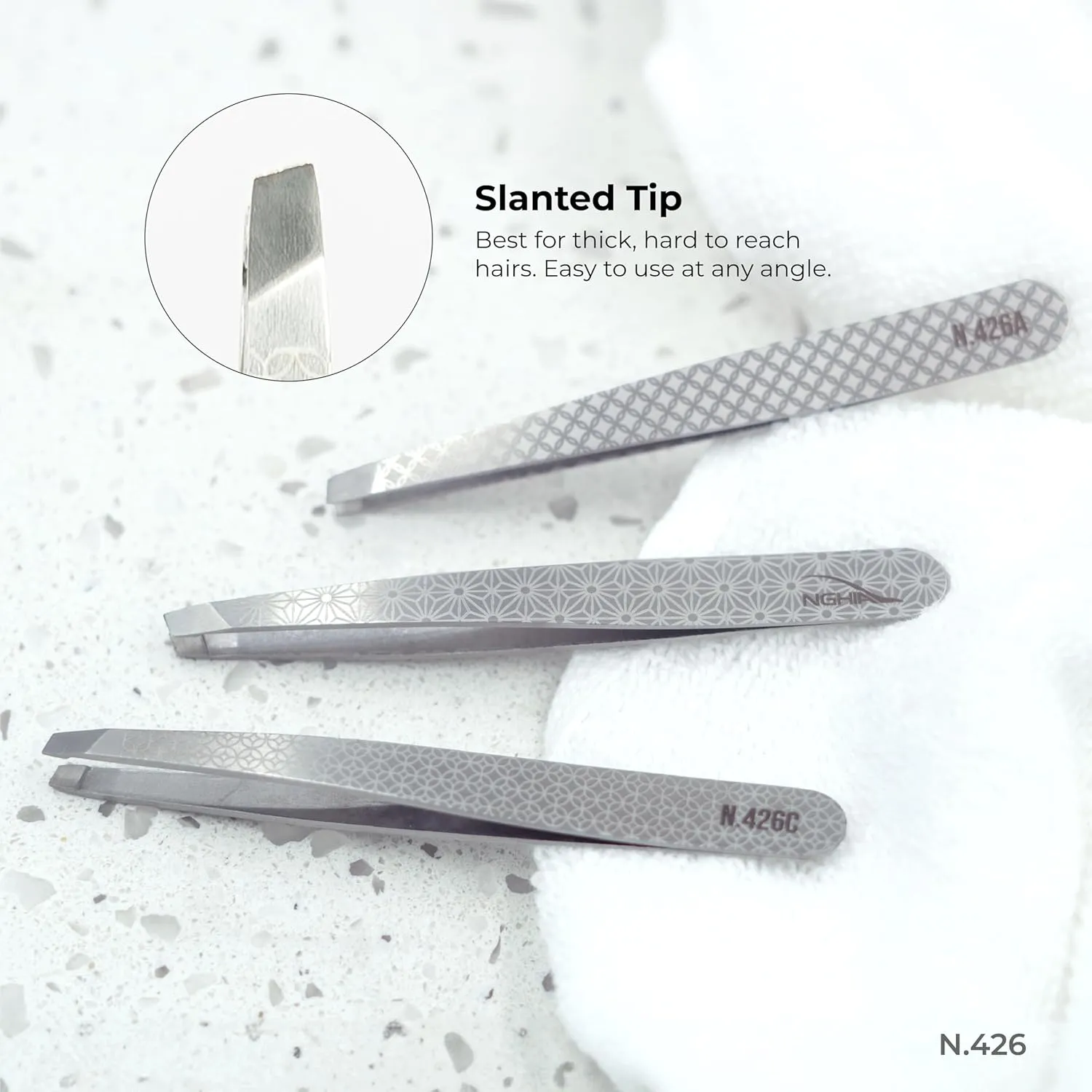NGHIA Slanted Tip Tweezer N-426 Combo| Special Design Printed | Stainless Steel | Ergonomic Eyebrow Tweezer for Precision Grooming | Hair Removal