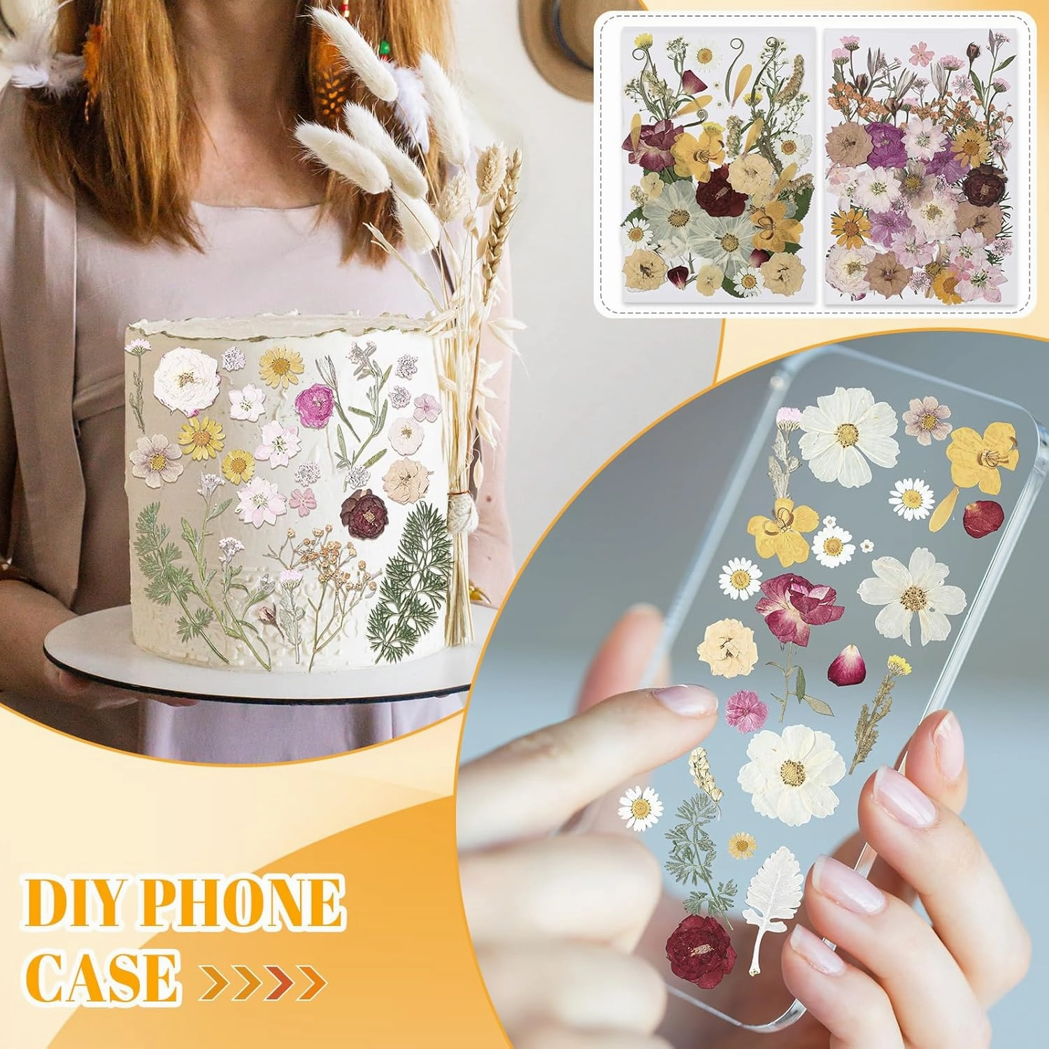 Nuanchu 200 Pcs Pressed Flowers Bulk Dried Flower for Craft Resin Mold Bookmark Scrapbooking Nail Cake White Orange Natural Pressed Dried Floral with Tweezer DIY Gift(Classic Color,Retro Style)