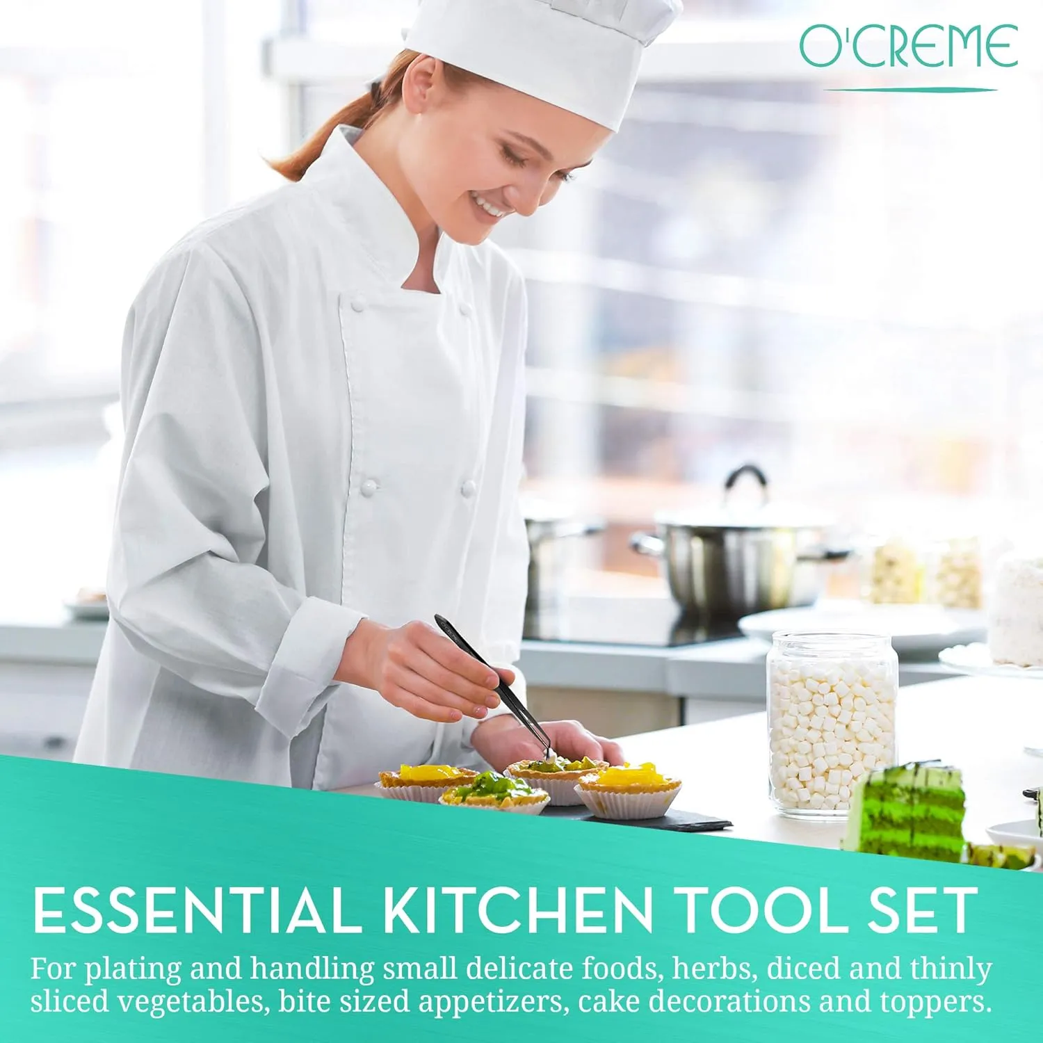 O'Creme Black Stainless Steel Precision Kitchen Culinary Fine-Tip Tweezer Tongs, 1 Curved and 1 Straight