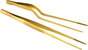 O'Creme Culinary Stainless Steel Tweezer Tongs Set of 2 - One 10 Inch Straight and One 8 Inch Offset Gold Color