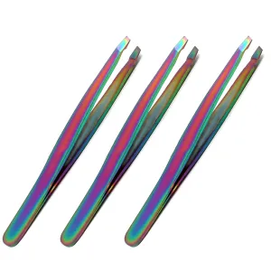 OdontoMed2011® Pack of 3 Rainbow Stainless Steel 'Slant' Tweezers Eyebrow Tweezers - Slant Tip For Expert Eyebrow Shaping And Facial Hair Removal Multi Color Titanium Coated