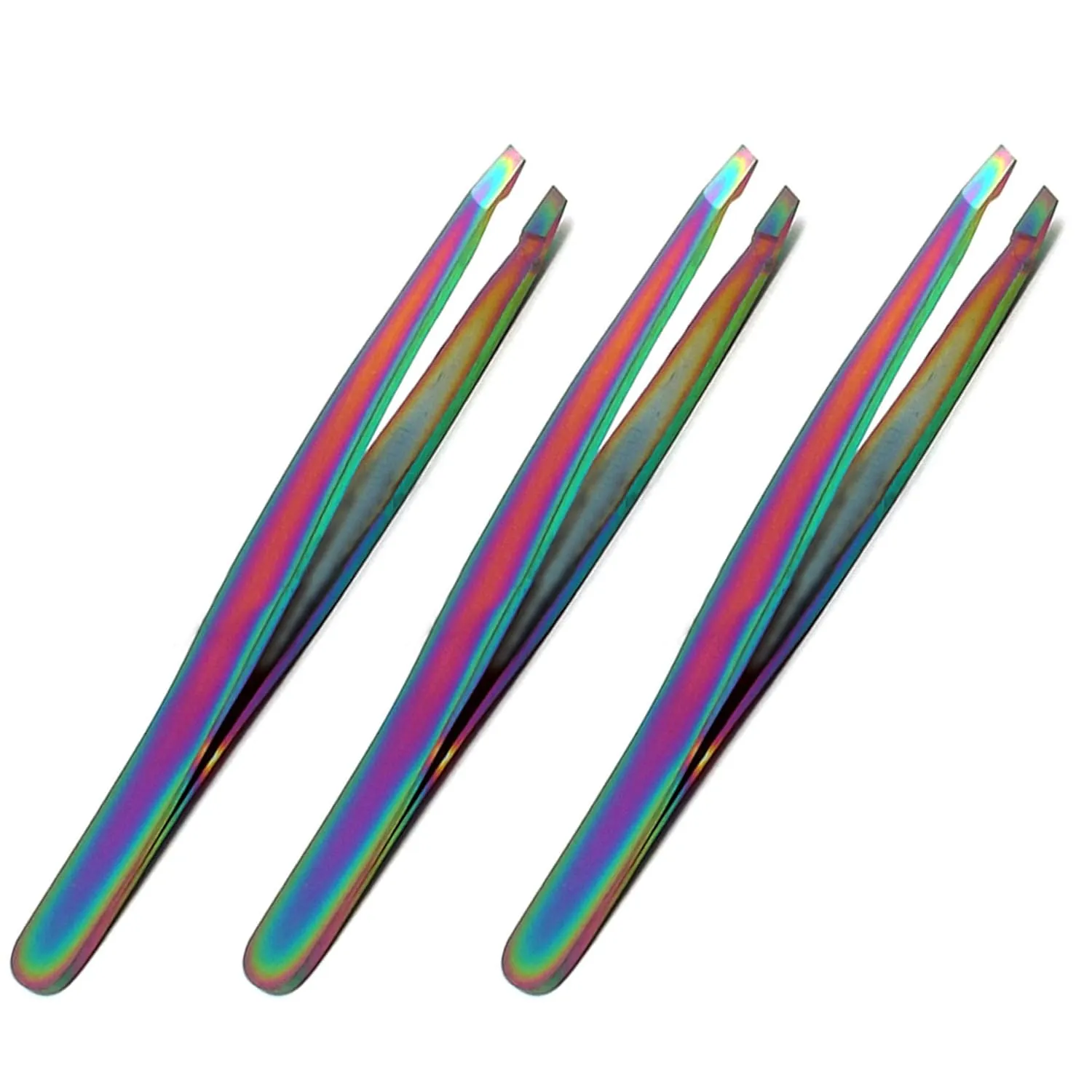 OdontoMed2011® Pack of 3 Rainbow Stainless Steel 'Slant' Tweezers Eyebrow Tweezers - Slant Tip For Expert Eyebrow Shaping And Facial Hair Removal Multi Color Titanium Coated