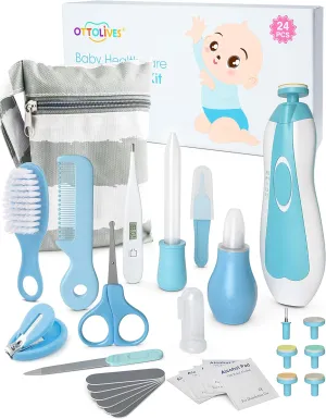 OTTOLIVES Baby Healthcare and Grooming Kit, 24 in 1 Baby Electric Nail Trimmer Set Newborn Nursery Health Care Set for Newborn Infant Toddlers Baby Boys Girls Kids Haircut Tools (0-3 Years ) (Blue)