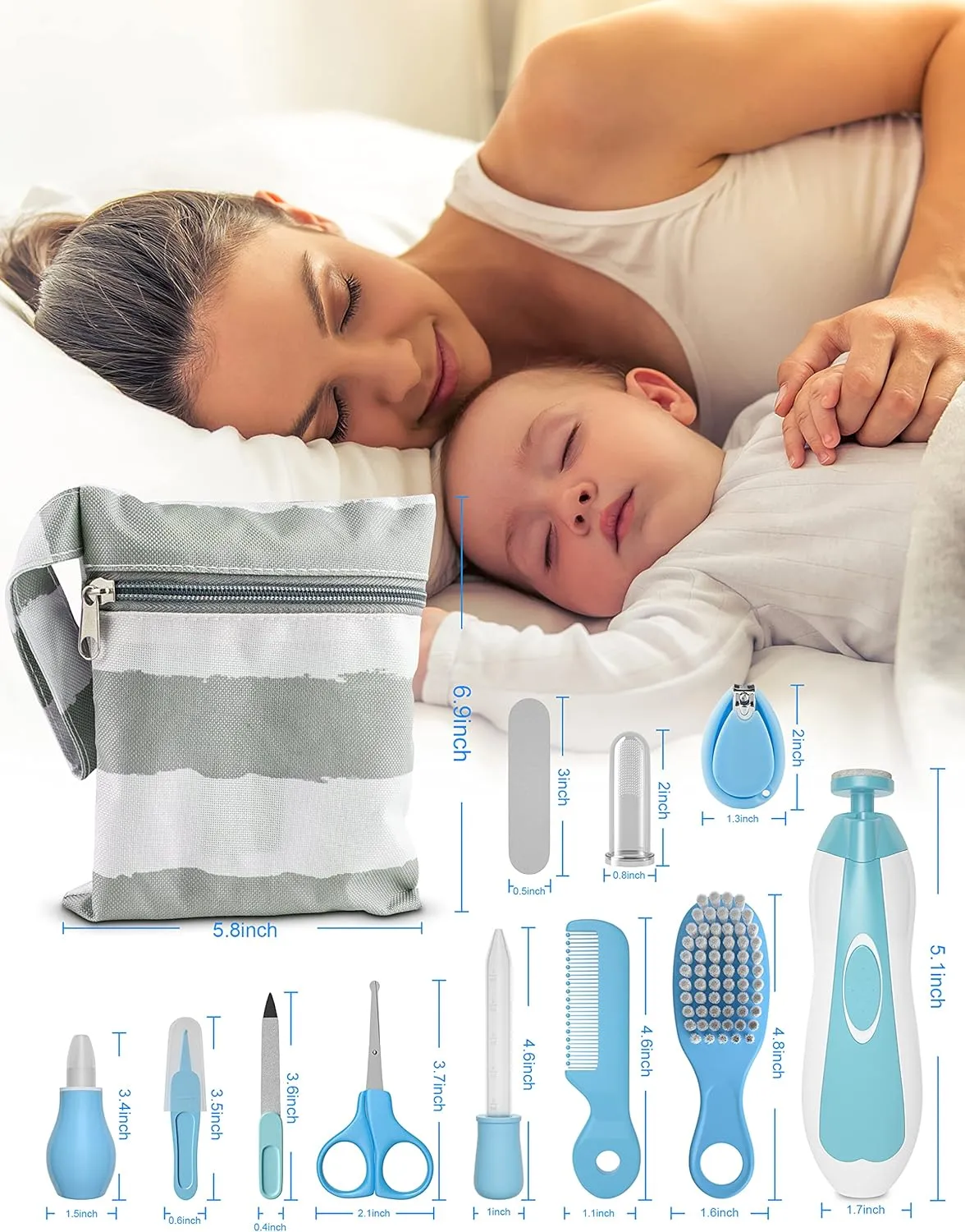 OTTOLIVES Baby Healthcare and Grooming Kit, 24 in 1 Baby Electric Nail Trimmer Set Newborn Nursery Health Care Set for Newborn Infant Toddlers Baby Boys Girls Kids Haircut Tools (0-3 Years ) (Blue)