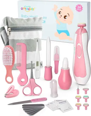 OTTOLIVES Baby Healthcare and Grooming Kit, 24 in 1 Baby Electric Nail Trimmer Set Newborn Nursery Health Care Set for Newborn Infant Toddlers Baby Boys Girls Kids Haircut Tools (0-3 Years ) (Pink)