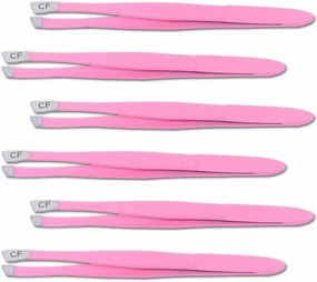 Pack of Six (6) Professional Stainless Steel Slant Tweezer Pink Powder Coated Eyebrow Tweezers for Women and Men Facial and Ingrown Hair Removal Tweezer