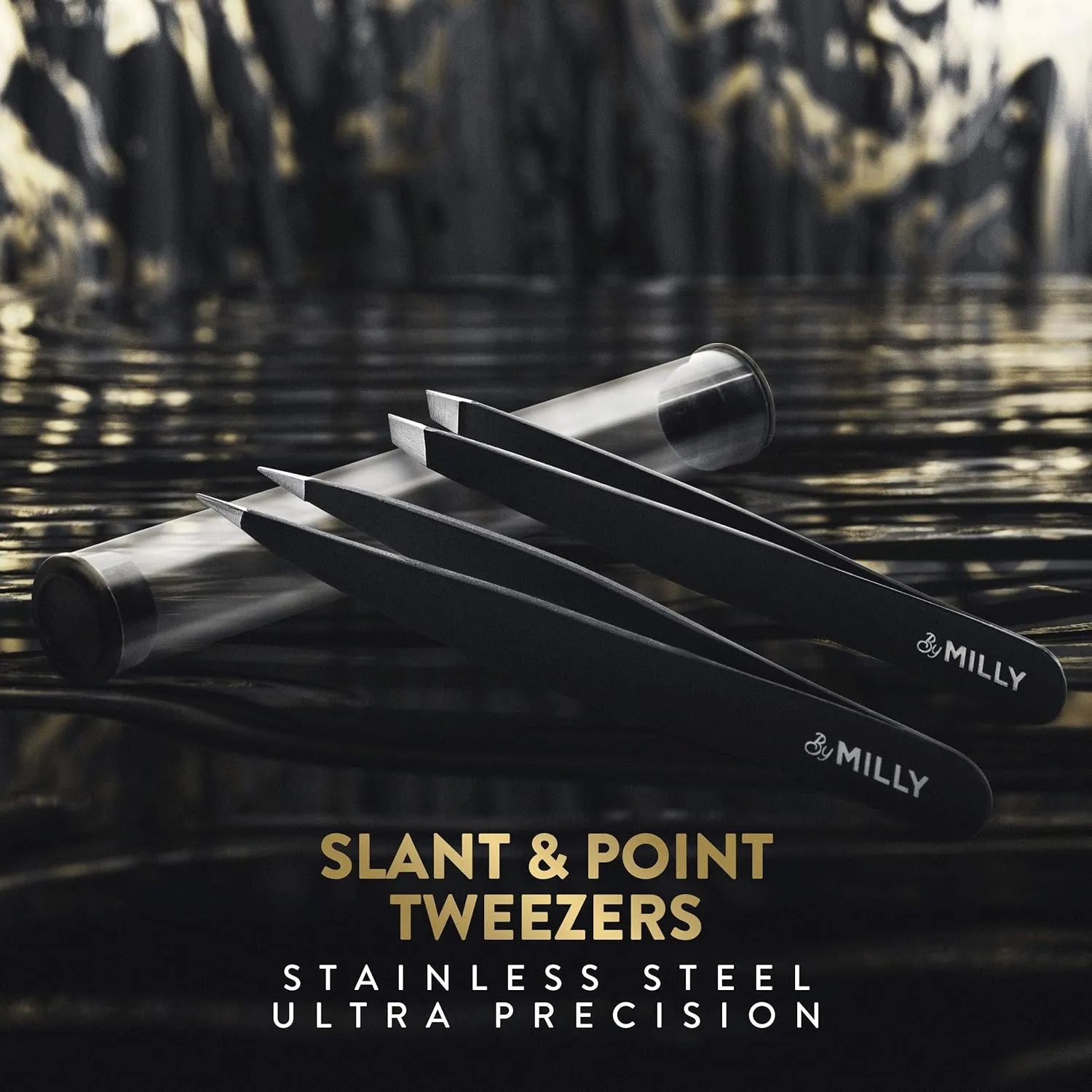 Precision Tweezers Set | Slanted & Pointed Tip Tweezers Kit | High Carbon Stainless Steel | Aligned & Hand-Filed Tweezer Set Professional | Hair Removal & Eyebrow Tweezer Set | Black