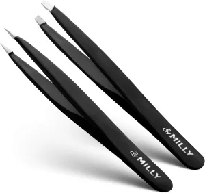 Precision Tweezers Set | Slanted & Pointed Tip Tweezers Kit | High Carbon Stainless Steel | Aligned & Hand-Filed Tweezer Set Professional | Hair Removal & Eyebrow Tweezer Set | Black