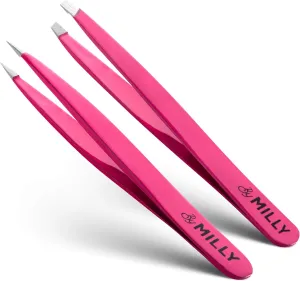 Precision Tweezers Set | Slanted and Pointed Tip Tweezers Kit | High Carbon Stainless Steel | Aligned & Hand-Filed Tweezer Set Professional | Hair Removal & Eyebrow Tweezer Set | Pink
