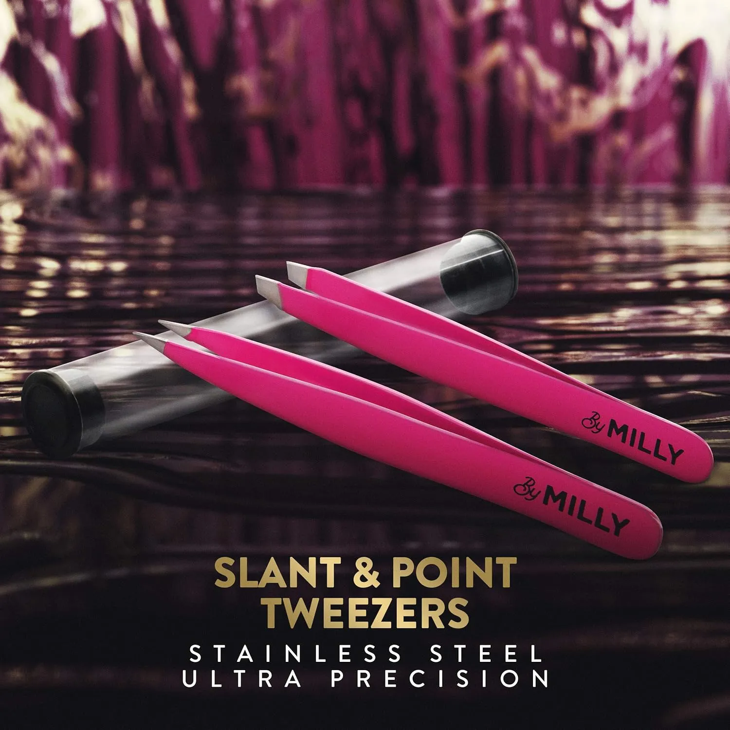Precision Tweezers Set | Slanted and Pointed Tip Tweezers Kit | High Carbon Stainless Steel | Aligned & Hand-Filed Tweezer Set Professional | Hair Removal & Eyebrow Tweezer Set | Pink