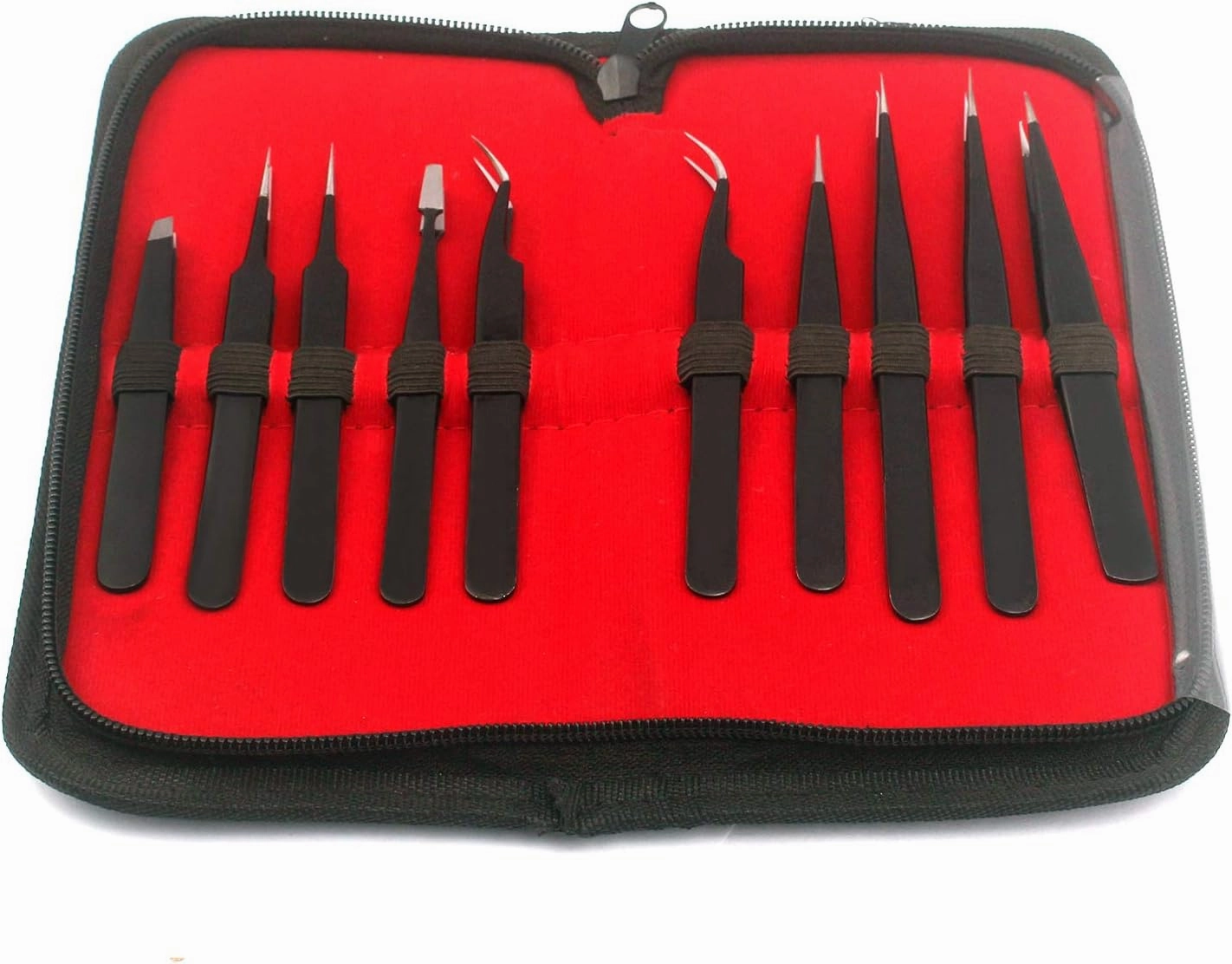 Precision Tweezer Set,10 Pack Best ESD Tweezers Set Stainless Steel Long Tweezers with Curved,Pointed,Slanted Tips for Eyebrow,Eyelash Extension,Craft, Jewelry, Soldering & Laboratory W