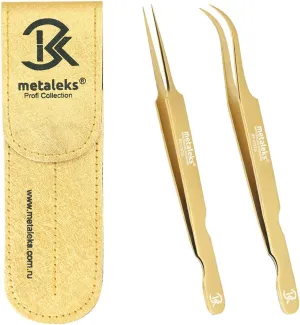 Professional 2Pcs Set of Eyelash Extension Tweezers Japanese Stainless Steel with Metallic Golden Pouch