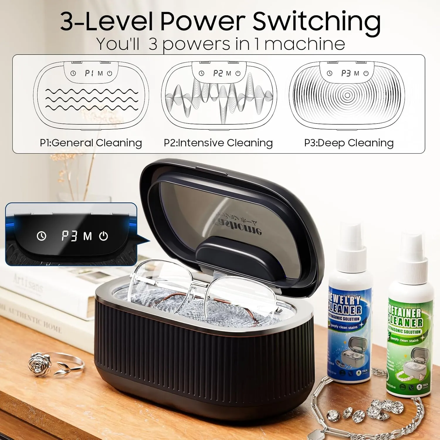 Professional Digital Ultrasonic Jewelry Cleaner with 7 Oz Retainer & Jewelry Cleaner Solution, 550ML Sonic Cleaner with Lights for Silver, Gold, Diamond Rings, Earrings, Eyeglasses, Dentures