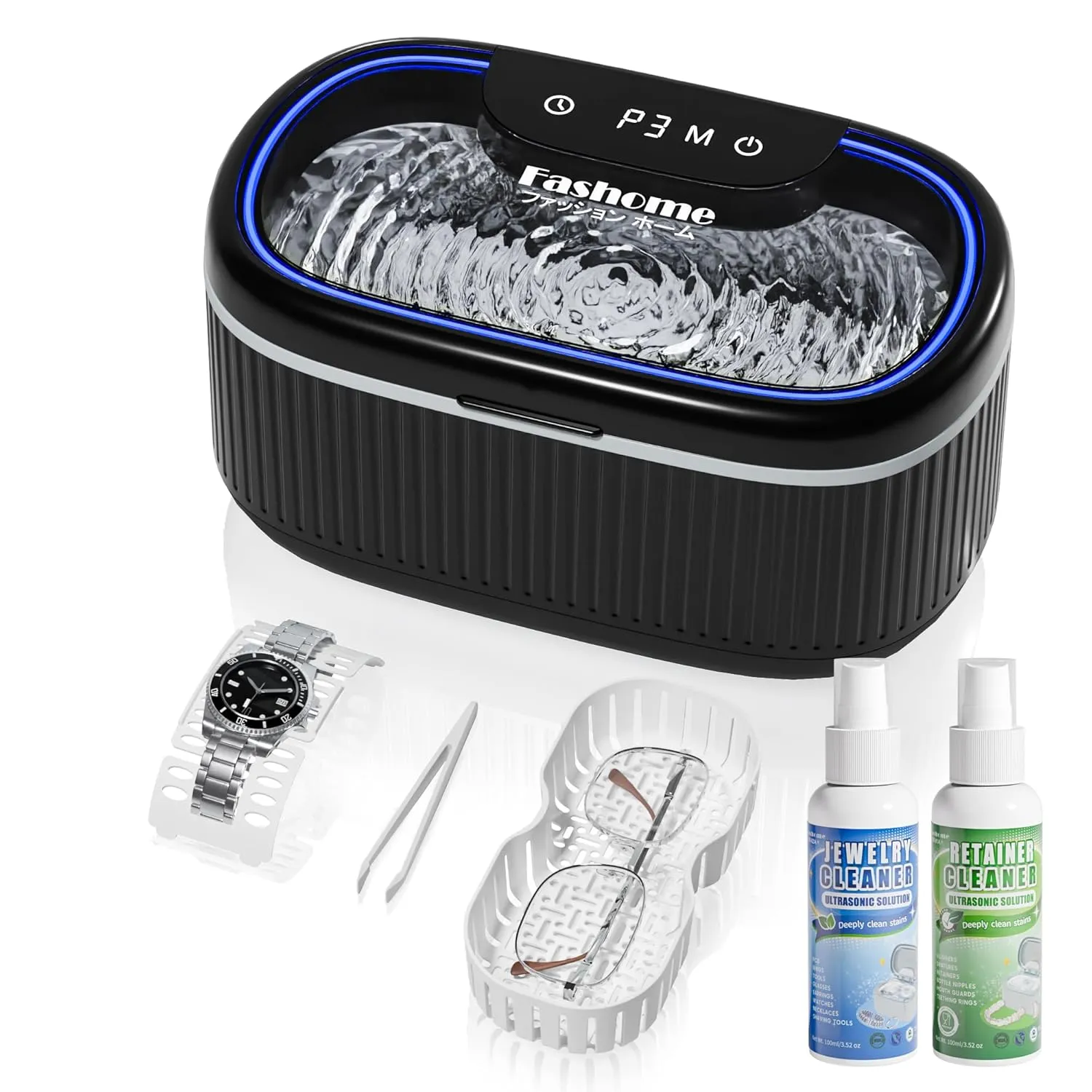 Professional Digital Ultrasonic Jewelry Cleaner with 7 Oz Retainer & Jewelry Cleaner Solution, 550ML Sonic Cleaner with Lights for Silver, Gold, Diamond Rings, Earrings, Eyeglasses, Dentures