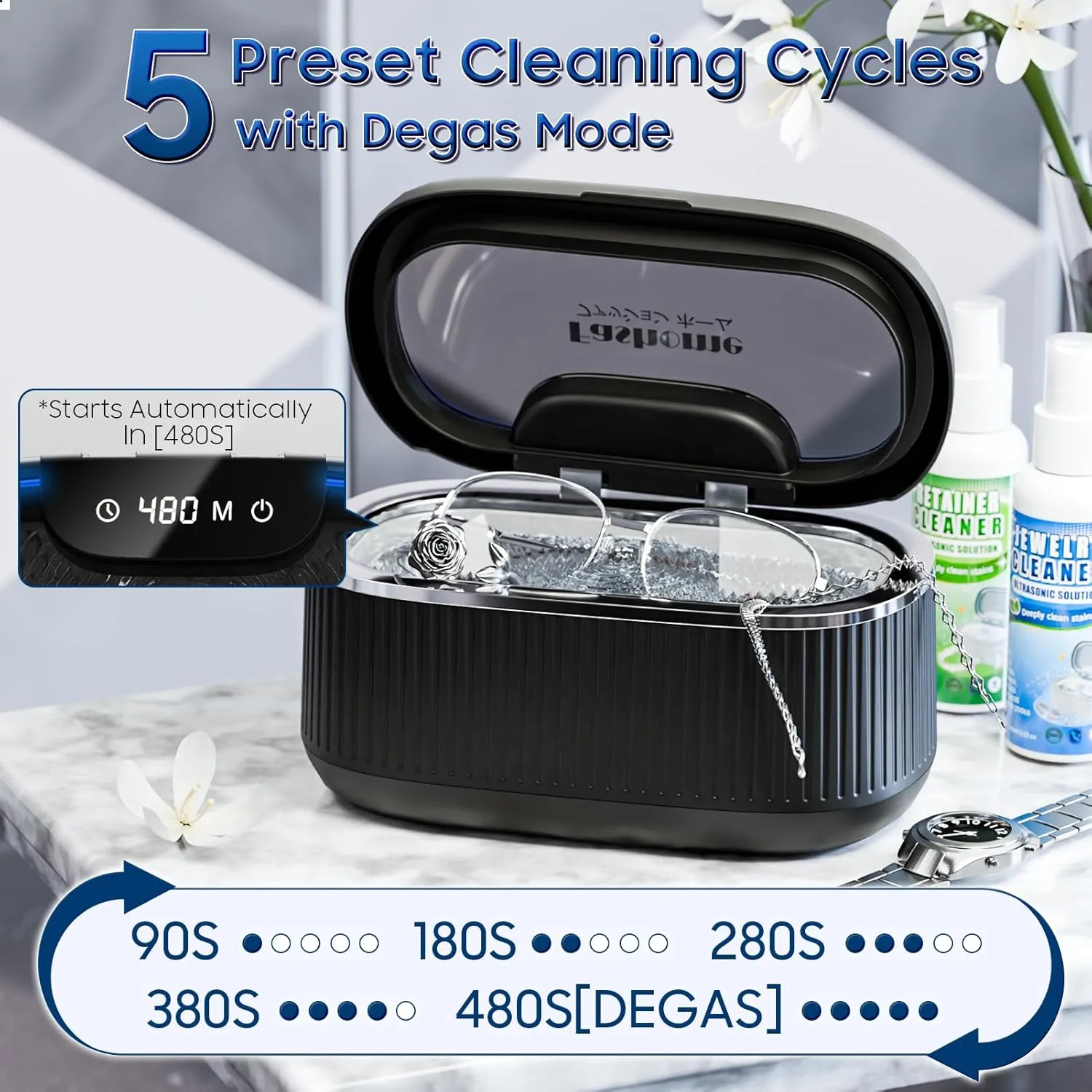 Professional Digital Ultrasonic Jewelry Cleaner with 7 Oz Retainer & Jewelry Cleaner Solution, 550ML Sonic Cleaner with Lights for Silver, Gold, Diamond Rings, Earrings, Eyeglasses, Dentures