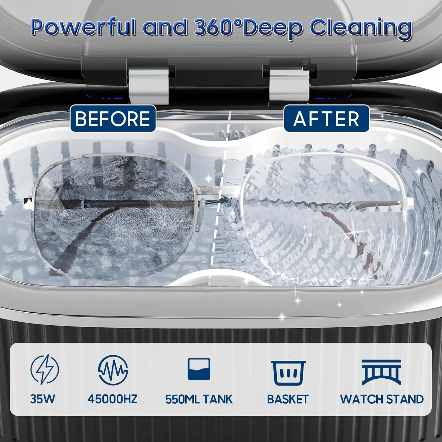 Professional Digital Ultrasonic Jewelry Cleaner with 7 Oz Retainer & Jewelry Cleaner Solution, 550ML Sonic Cleaner with Lights for Silver, Gold, Diamond Rings, Earrings, Eyeglasses, Dentures