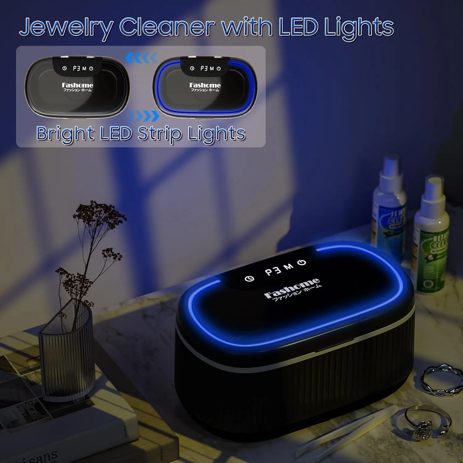 Professional Digital Ultrasonic Jewelry Cleaner with 7 Oz Retainer & Jewelry Cleaner Solution, 550ML Sonic Cleaner with Lights for Silver, Gold, Diamond Rings, Earrings, Eyeglasses, Dentures