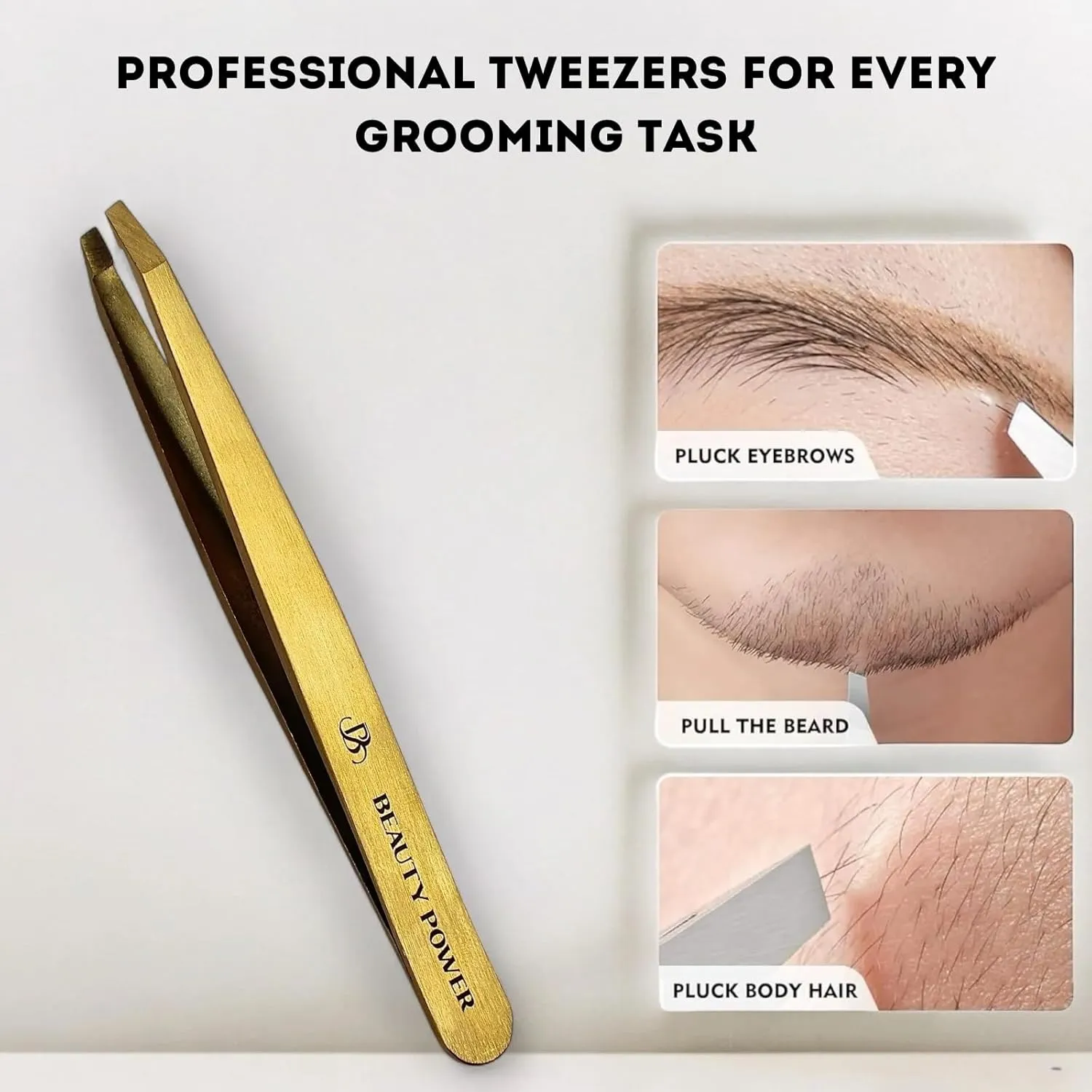 Professional Tweezers - Slant, Durable Lightweight German Stainless Steel, Ultra Precision Tweezers for Eyebrows, Facial Hair, Chin, and Ingrown Hair Removal - Gift (Matte Gold)