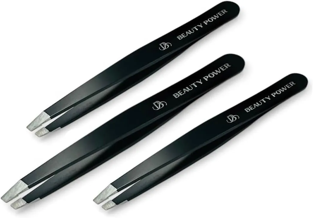 Professional Tweezers - Slant, Durable Lightweight German Stainless Steel,Ultra Precision Tweezers for Eyebrows, Facial Hair, Chin, and Ingrown Hair Removal - Gift (3 / Matte Black)