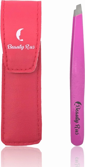 Professional Slanted Tweezers- Precision Pink Slant Stainless Steel Tweezers, Sharp Point Aligned Best Tweezer for Eyebrow Shaping Hair - Women Will Love - Includes Perfect Matching Carrying Case