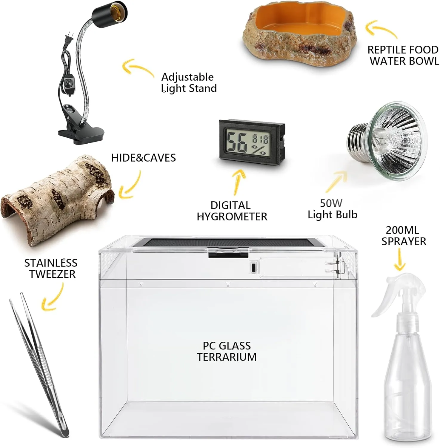 Reptile PC Terrarium,Anti Breakage 15x8x10inch Amphibians Insect Tank Gecko Starter Kits,Top Sliding Door Screen Ventilation Mini Isopod Habitat Cages,Hygrometer Thermometer,Hide Cave,Tweezer,Sprayer