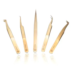Rev Pro Gold / 5 pack tweezer set/Volume / 45 Isolation/Straight/Curve/120 degree for Eyelash Extensions By PINKLAB