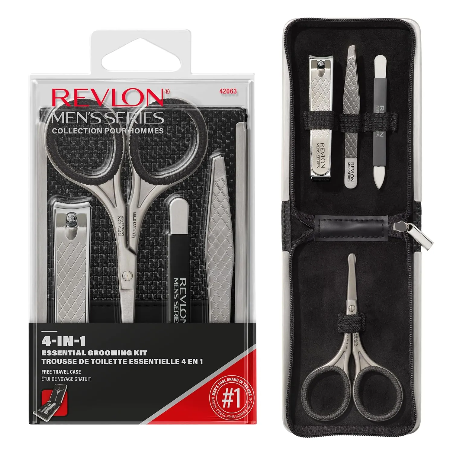 Revlon Revlon Men's Grooming Kit, 5-Piece Travel Essentials Set, Includes Nail Clippers, Scissors, File, Tweezers and Carrying Case, Stainless Steel, 1 Pack