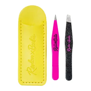 Revlon x Barbie Mini Tweezer Set, Stainless Steel Hair Removal Makeup Tool, includes Slant Tip & Pointed Tip Tweezers in Travel Case