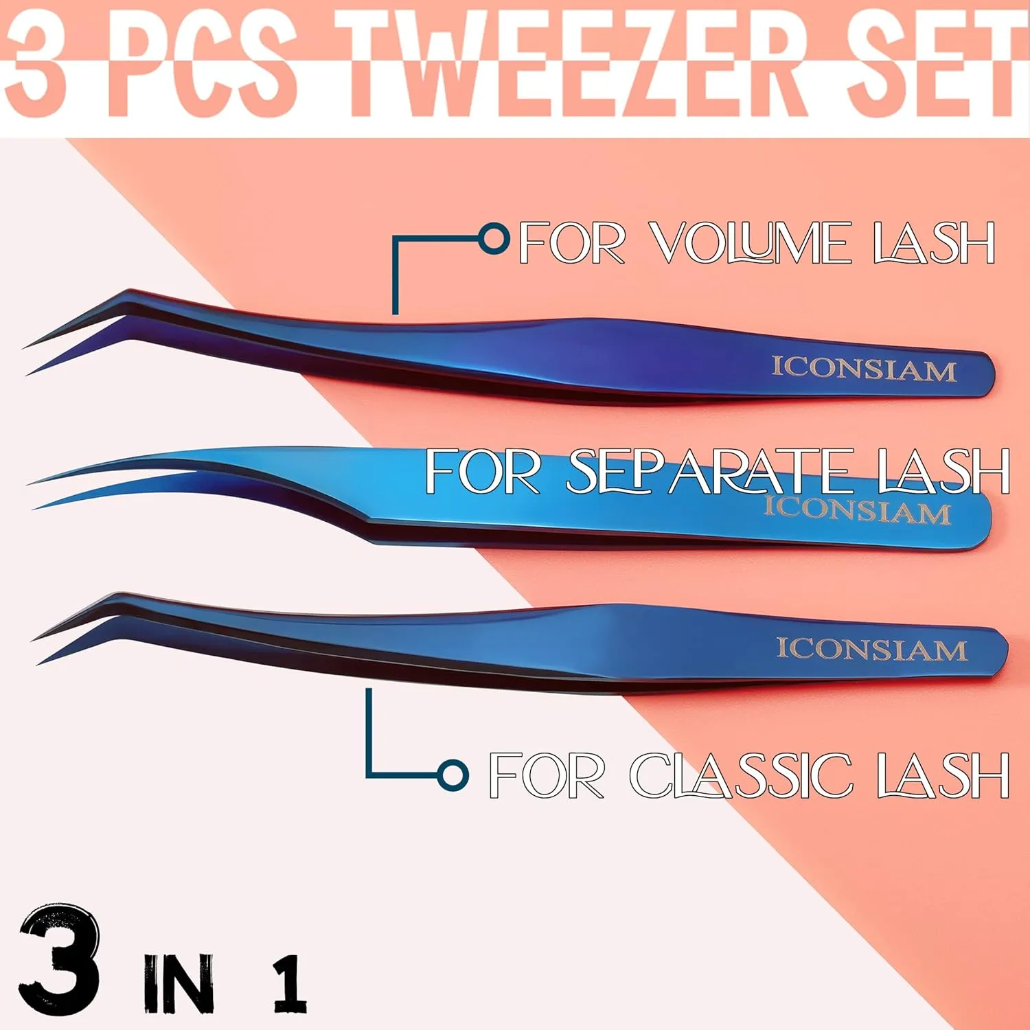 Russian Volume Tweezers Eyelash Extensions Neat Volume Lash Tweezers 3 Pcs L & C Shape High Precision Eyelash Tweezer For 0.03~0.25mm Lashes Mega Volume & Hybrid & Classic Lash (3 pcs Tweezers Set)