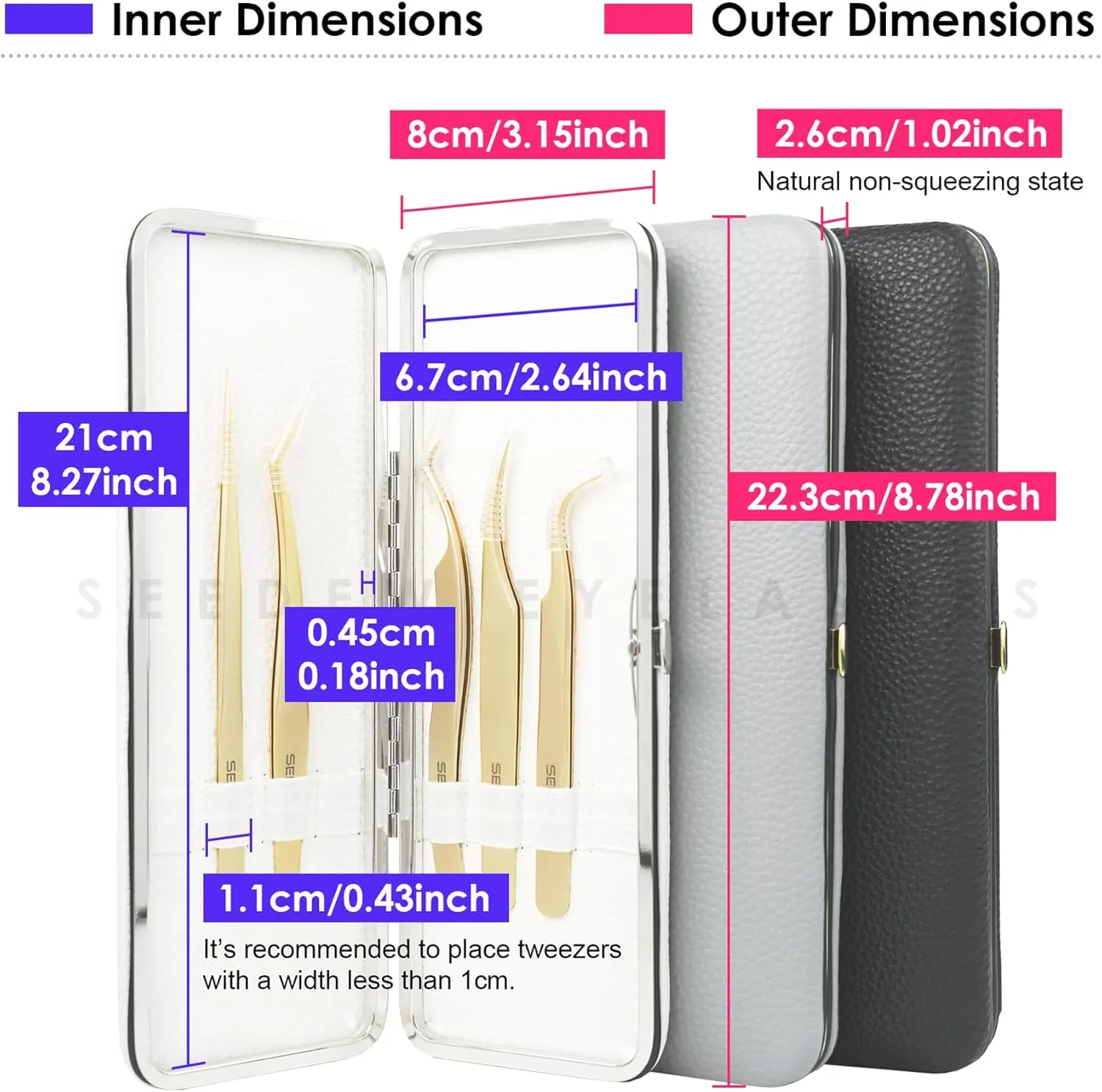 SEEDEW® Tweezers Box Set, 5 PCS Isolation Pointy Precision Professional Stainless Tweezers with a PU Storage Case, Organizer Kit for Eyelash Extension, Beginner Lash Tech, Crafts Repair(Black, Golden)