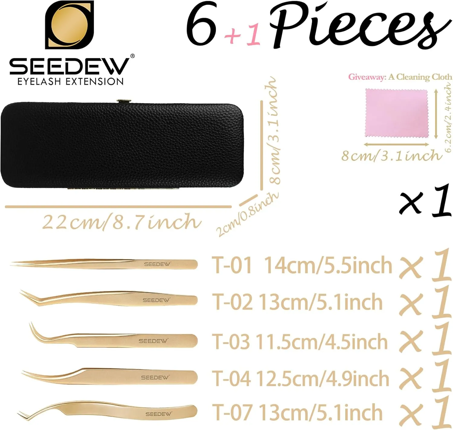 SEEDEW® Tweezers Box Set, 5 PCS Isolation Pointy Precision Professional Stainless Tweezers with a PU Storage Case, Organizer Kit for Eyelash Extension, Beginner Lash Tech, Crafts Repair(Black, Golden)