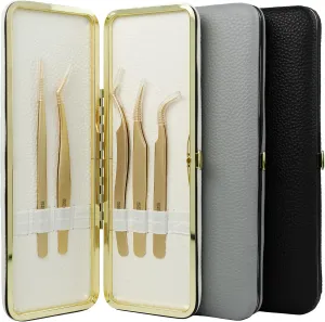 SEEDEW® Tweezers Box Set, 5 PCS Isolation Pointy Precision Professional Stainless Tweezers with a PU Storage Case, Organizer Kit for Eyelash Extension, Beginner Lash Tech, Crafts Repair(Black, Golden)