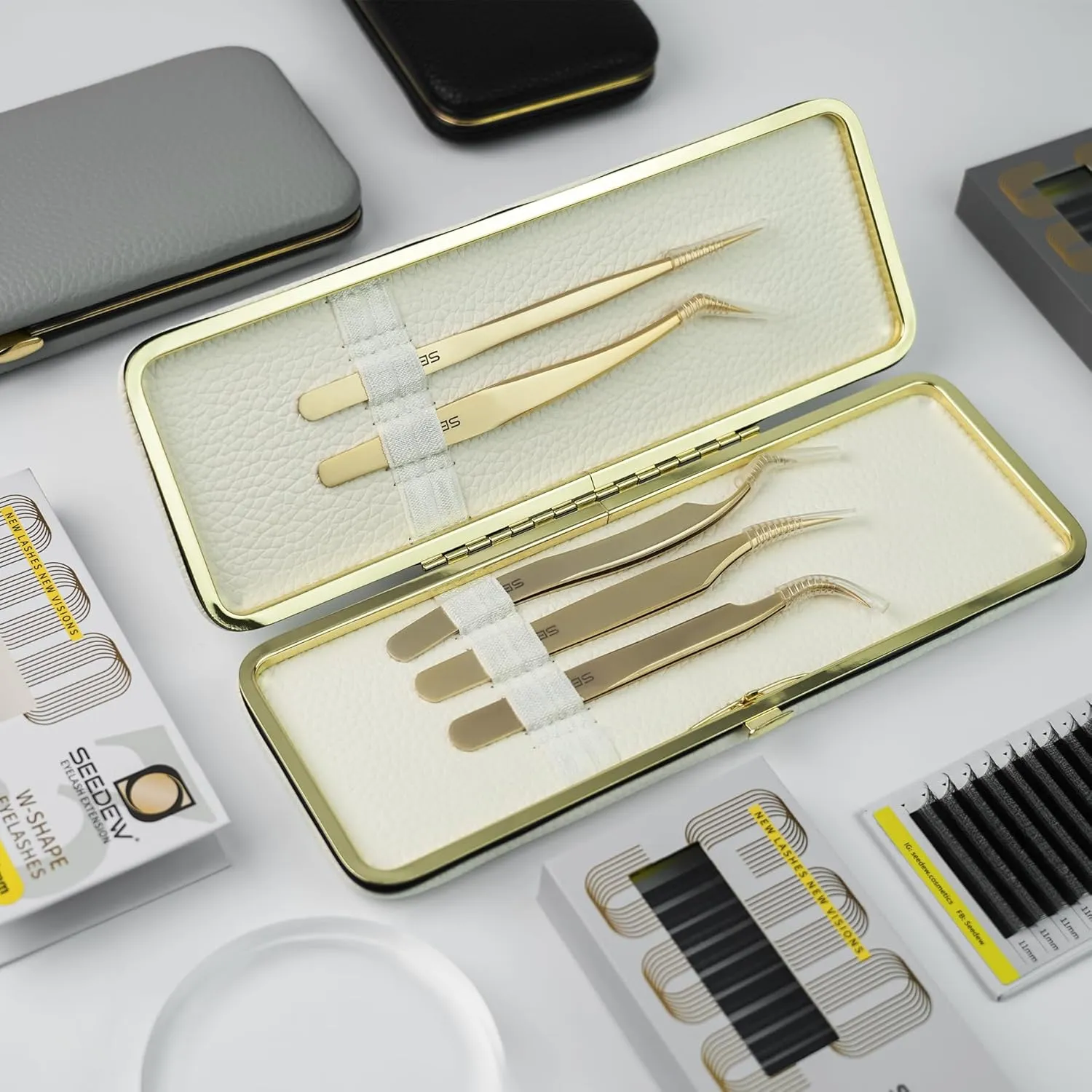 SEEDEW® Tweezers Box Set, 5 PCS Isolation Pointy Precision Professional Stainless Tweezers with a PU Storage Case, Organizer Kit for Eyelash Extension, Beginner Lash Tech, Crafts Repair(Black, Golden)