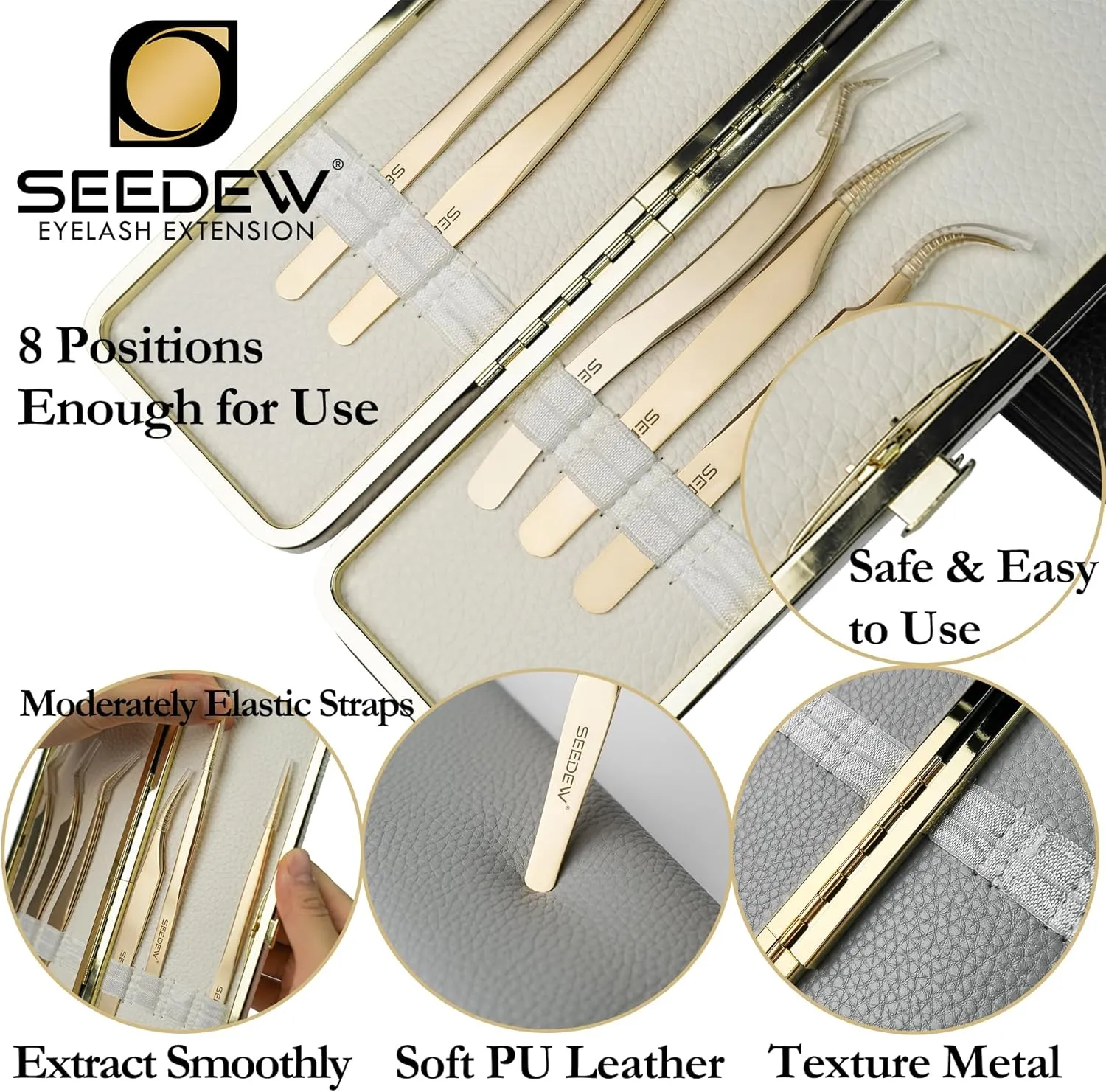 SEEDEW® Tweezers Box Set, 5 PCS Isolation Pointy Precision Professional Stainless Tweezers with a PU Storage Case, Organizer Kit for Eyelash Extension, Beginner Lash Tech, Crafts Repair(Black, Golden)
