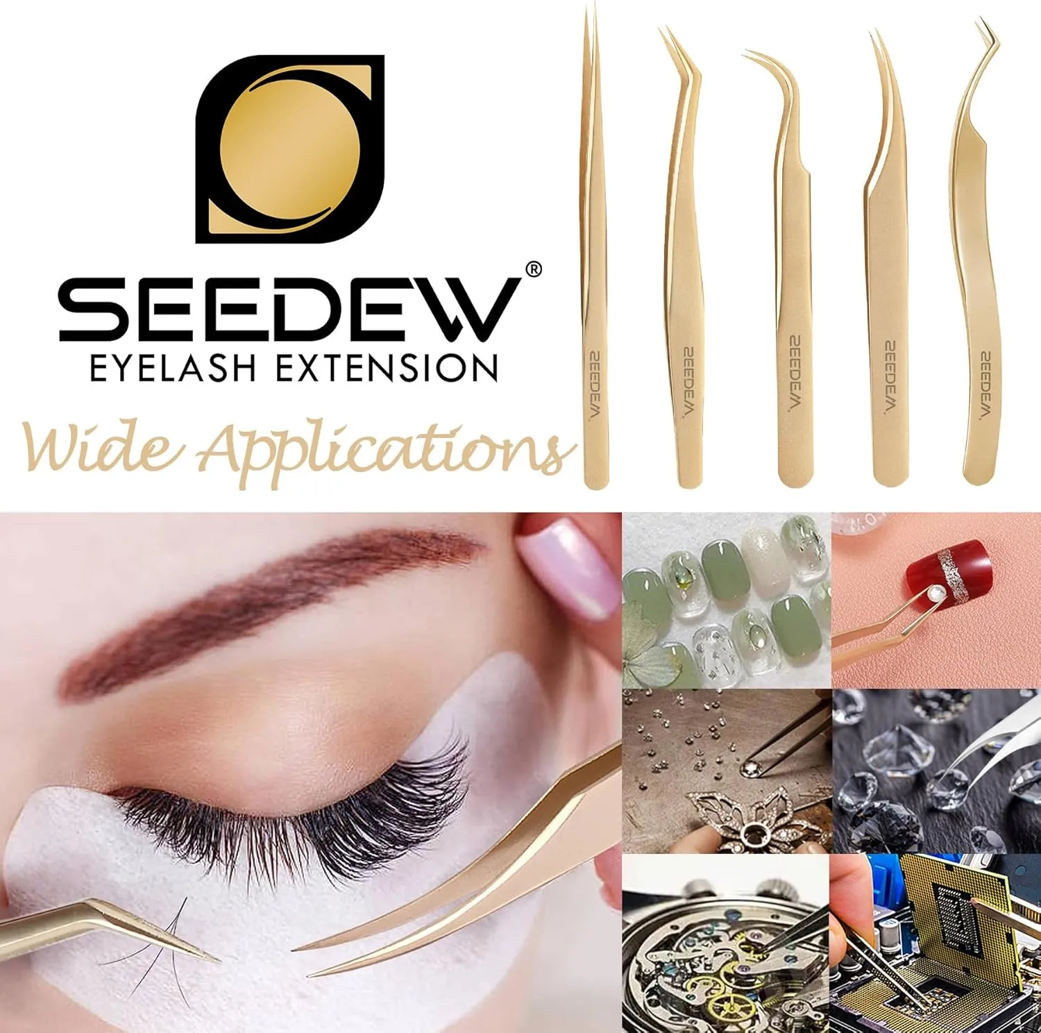 SEEDEW® Tweezers Box Set, 5 PCS Isolation Pointy Precision Professional Stainless Tweezers with a PU Storage Case, Organizer Kit for Eyelash Extension, Beginner Lash Tech, Crafts Repair(Black, Golden)
