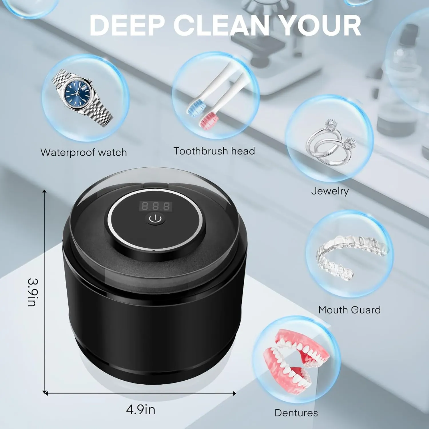 Simfree Ultrasonic Retainer Cleaner - 45kHz Ultrasonic - 4 Modes Denture Cleaner Machine 200ML with Digital Timer for Dentures, Mouth Guards, Braces, Toothbrush Heads, Jewelry - Black