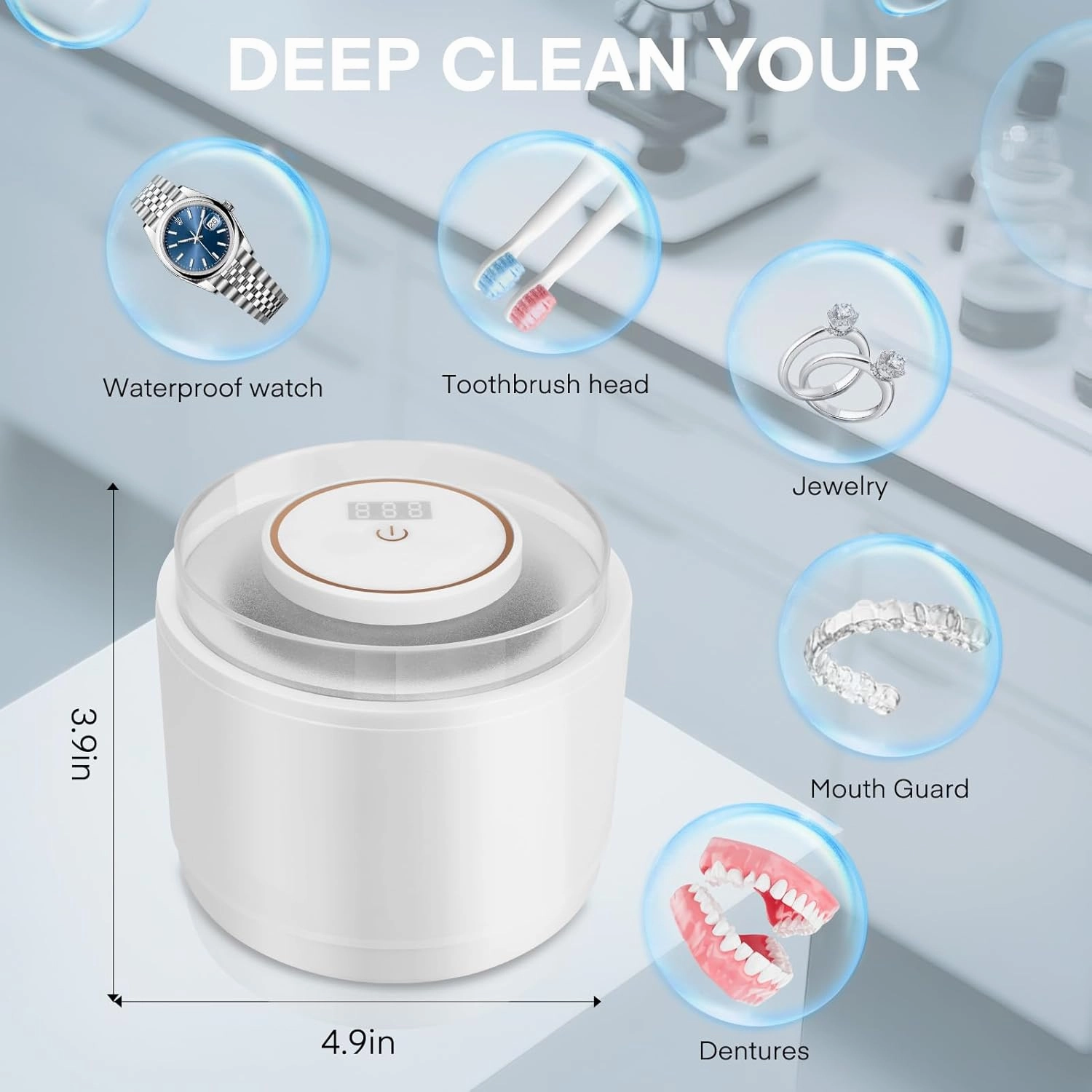 Simfree Ultrasonic Retainer Cleaner - 45kHz Ultrasonic - 4 Modes Denture Cleaner Machine 200ML with Digital Timer for Dentures, Mouth Guards, Braces, Toothbrush Heads, Jewelry - White