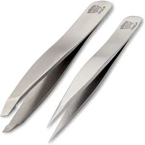 Slant & Splinter Tweezer Set - Precision Point & Slant Tweezers for Eyebrow, Ingrown Hair & Splinter Removal - Fine Tip for Women & Men - Silver Stainless Steel 2pcs