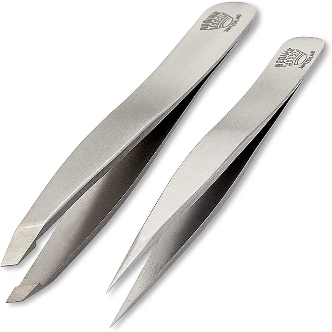 Slant & Splinter Tweezer Set - Precision Point & Slant Tweezers for Eyebrow, Ingrown Hair & Splinter Removal - Fine Tip for Women & Men - Silver Stainless Steel 2pcs