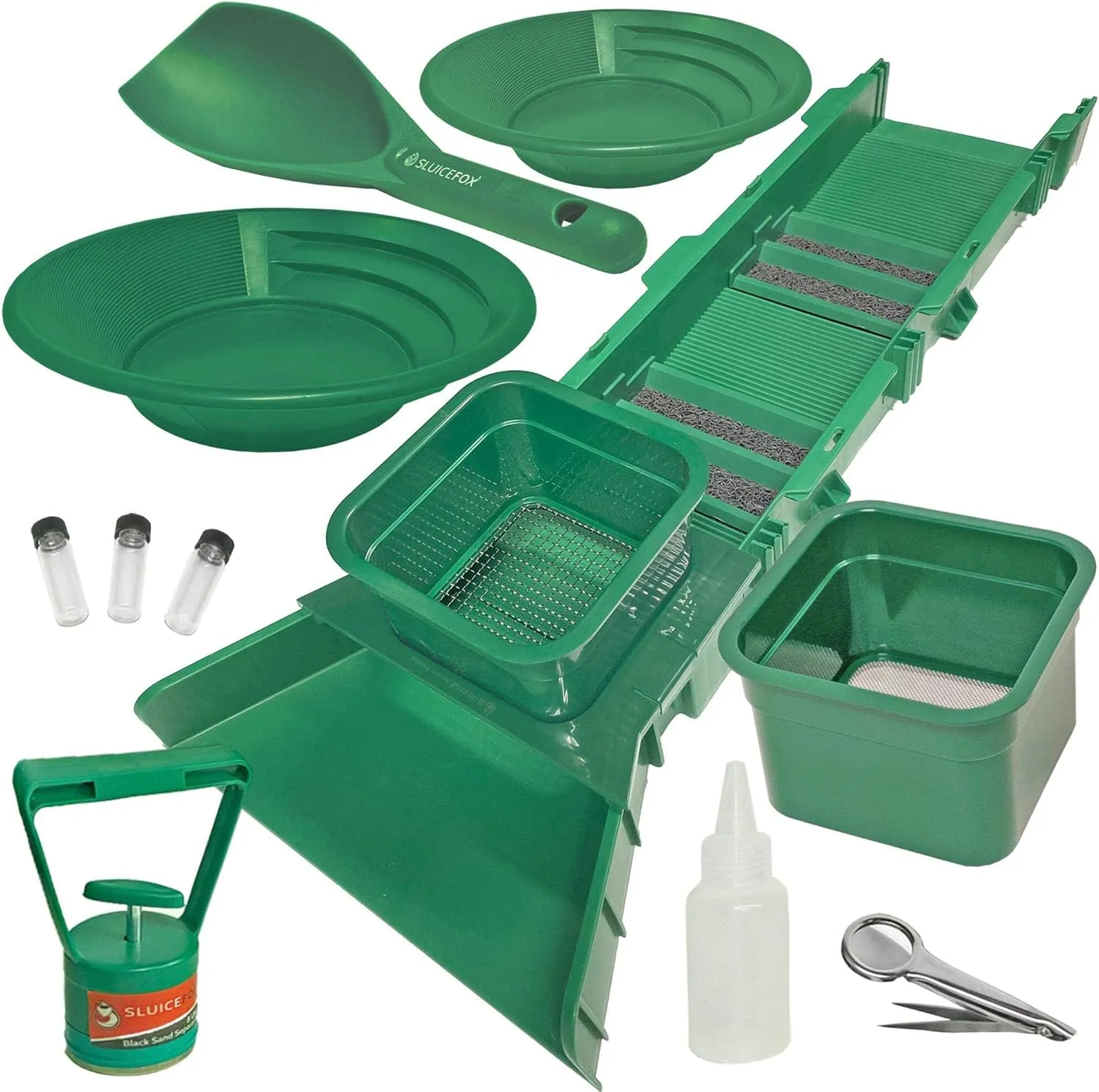Sluice Box Compact Gold Panning Kit; Portable Sluice Box and 2 Classifier sifting Pans; classify While You Sluice with This Patented Prospecting Tool Set (Green Color)