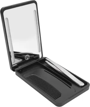 Small Mirror with Lights, LED Compact Makeup Mirror Mini Travel Mirror with Comb Metal Eyebrow Tweezer, Rechargeable Portable Hand Held Mirror for Purse Pocket for Girls Travel
